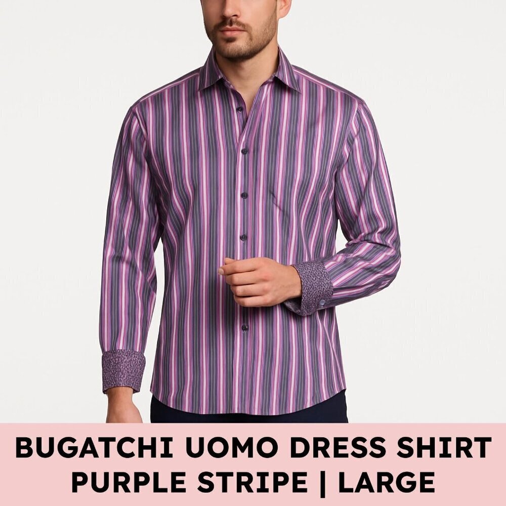 Bugatchi Uomo Cotton Stripe Contrast Cuff Button-Up JEWEL TONE Purple L Office - Picture 12 of 12